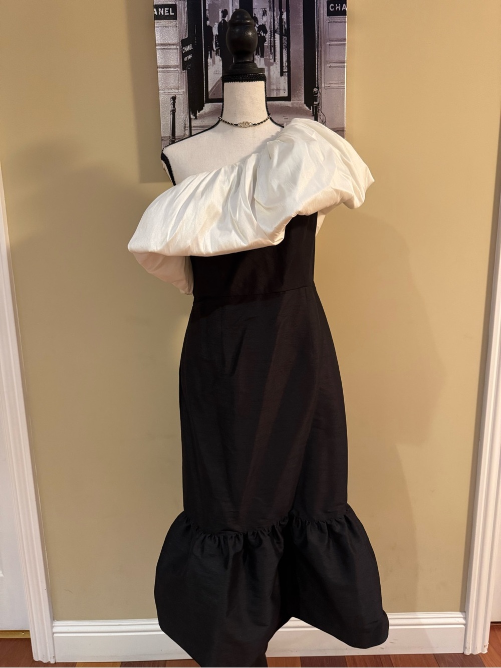 Sachin + Babi Black and White One-Shoulder Ruffle Midi Dress